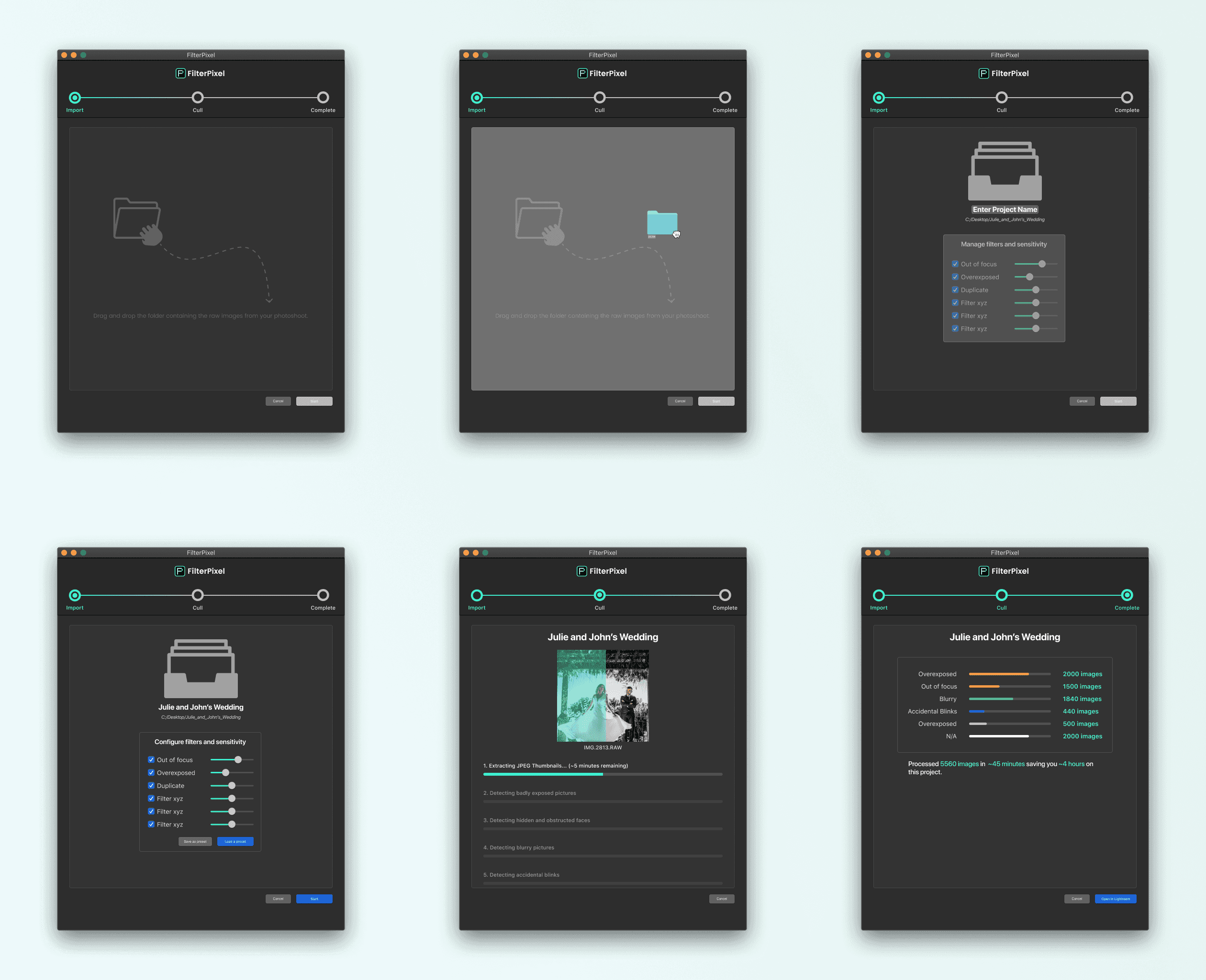 UI screens from the first iteration of FilterPixel showing the initial tool-based approach