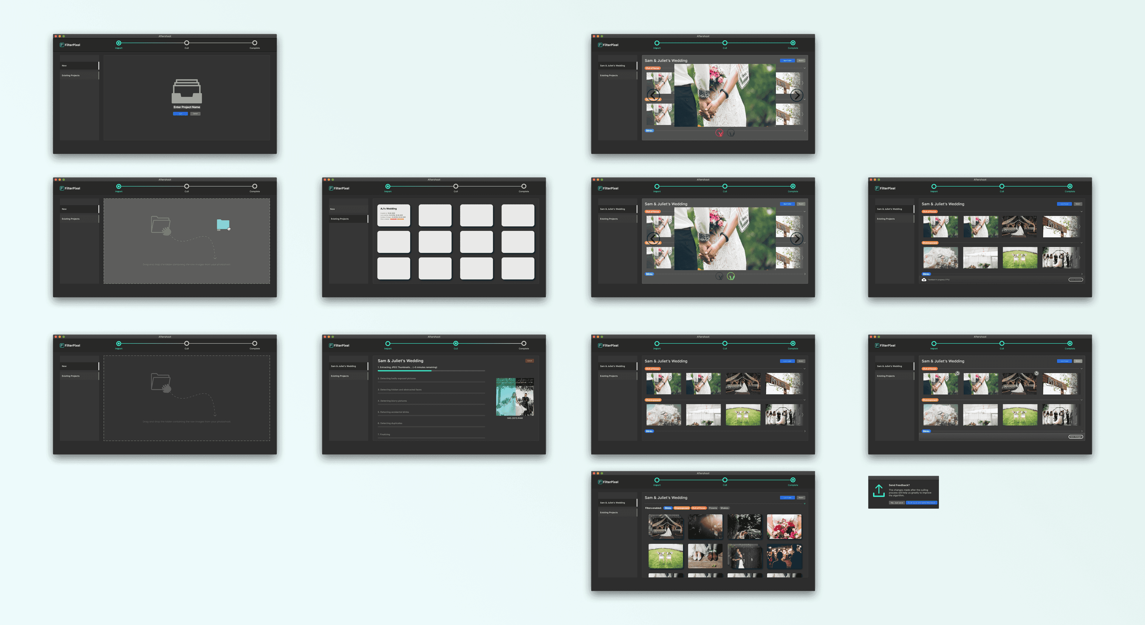 UI screens from the second iteration showing the project management hub and AI advisor approach