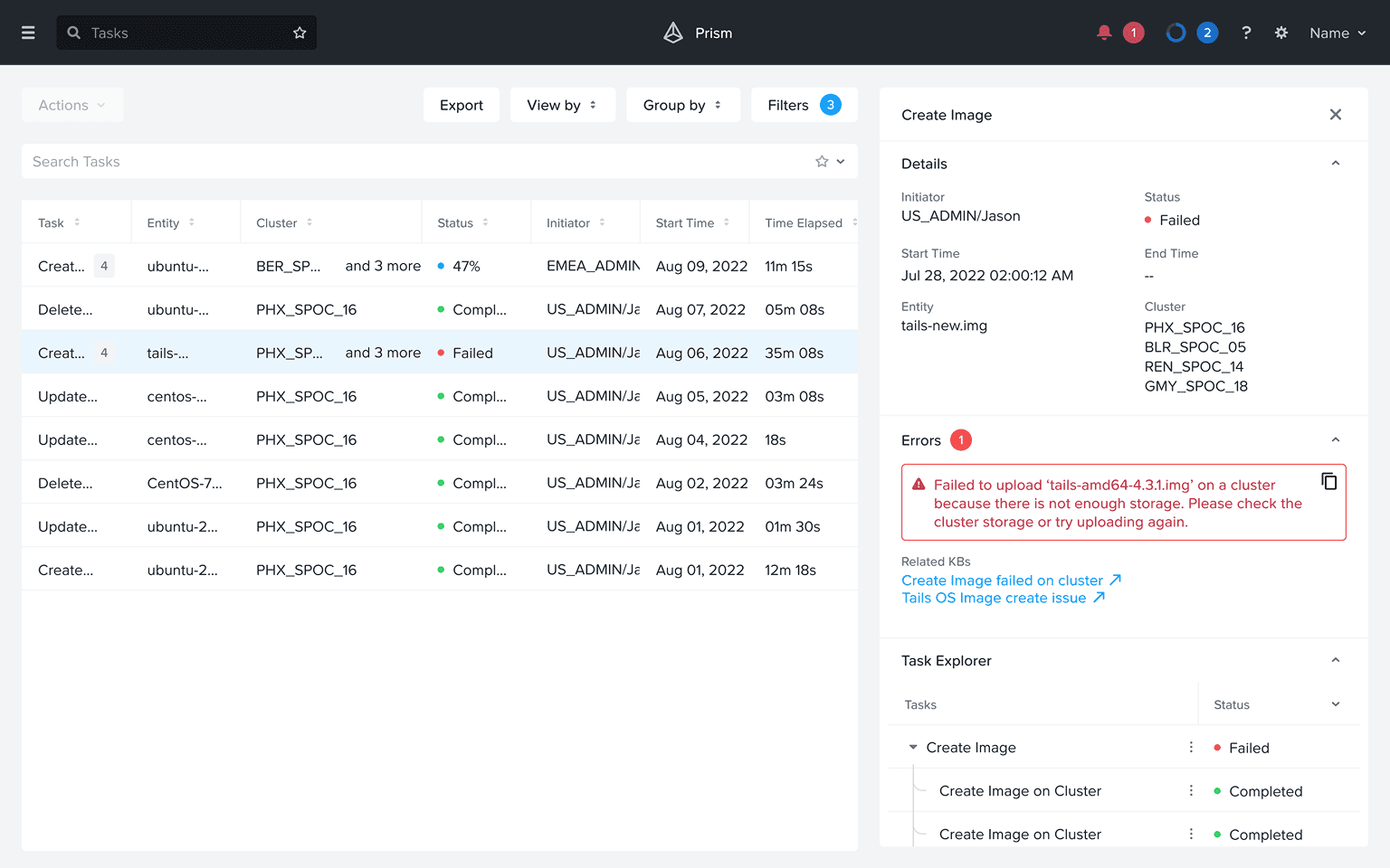 Layout C: balanced design with on-demand detail panel, filters, and task explorer