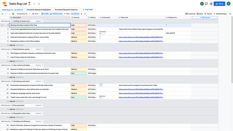 Heuristic evaluation bug list showing 21 usability issues categorized by Nielsen Norman heuristics