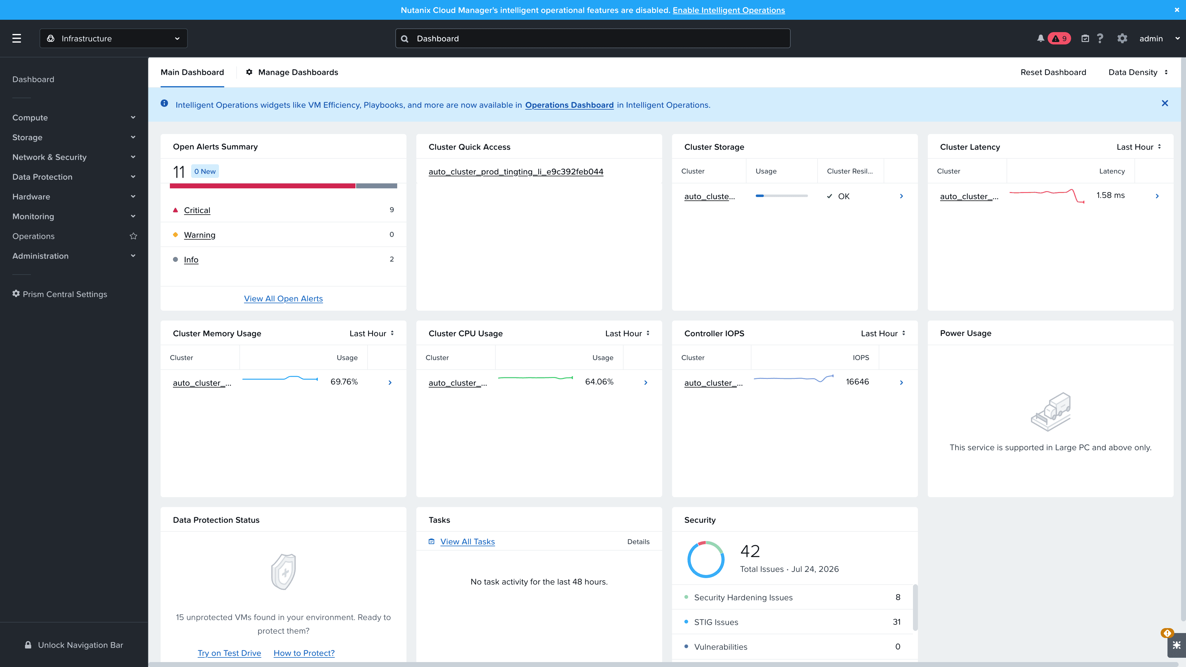 The existing Prism Central dashboard: dense widget grid, side navigation, and page-by-page workflows