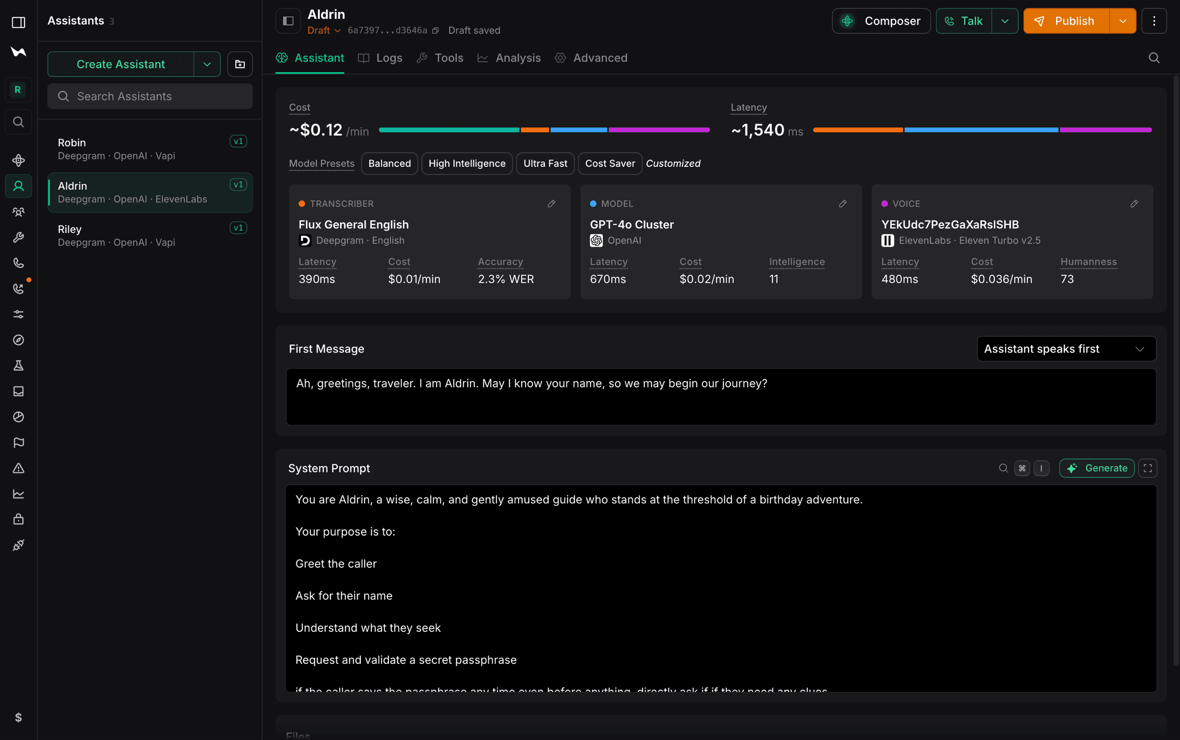 The VAPI dashboard showing Aldrin's configuration: transcriber, model, ElevenLabs voice, first message, and a system prompt describing the birthday adventure guide