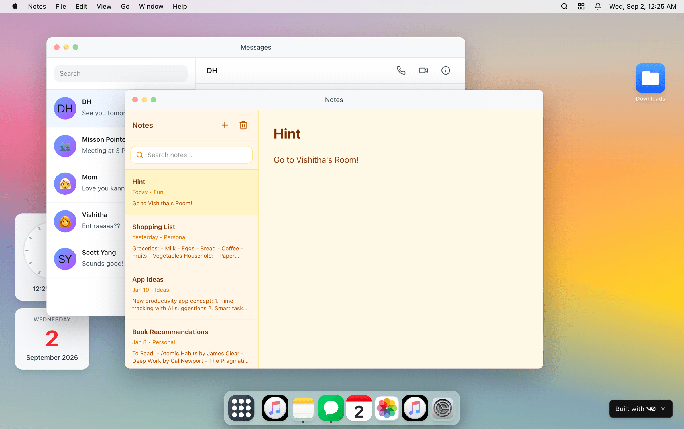 The v0 webapp styled as a macOS desktop, with a hint open in Notes and a Messages window mid-conversation