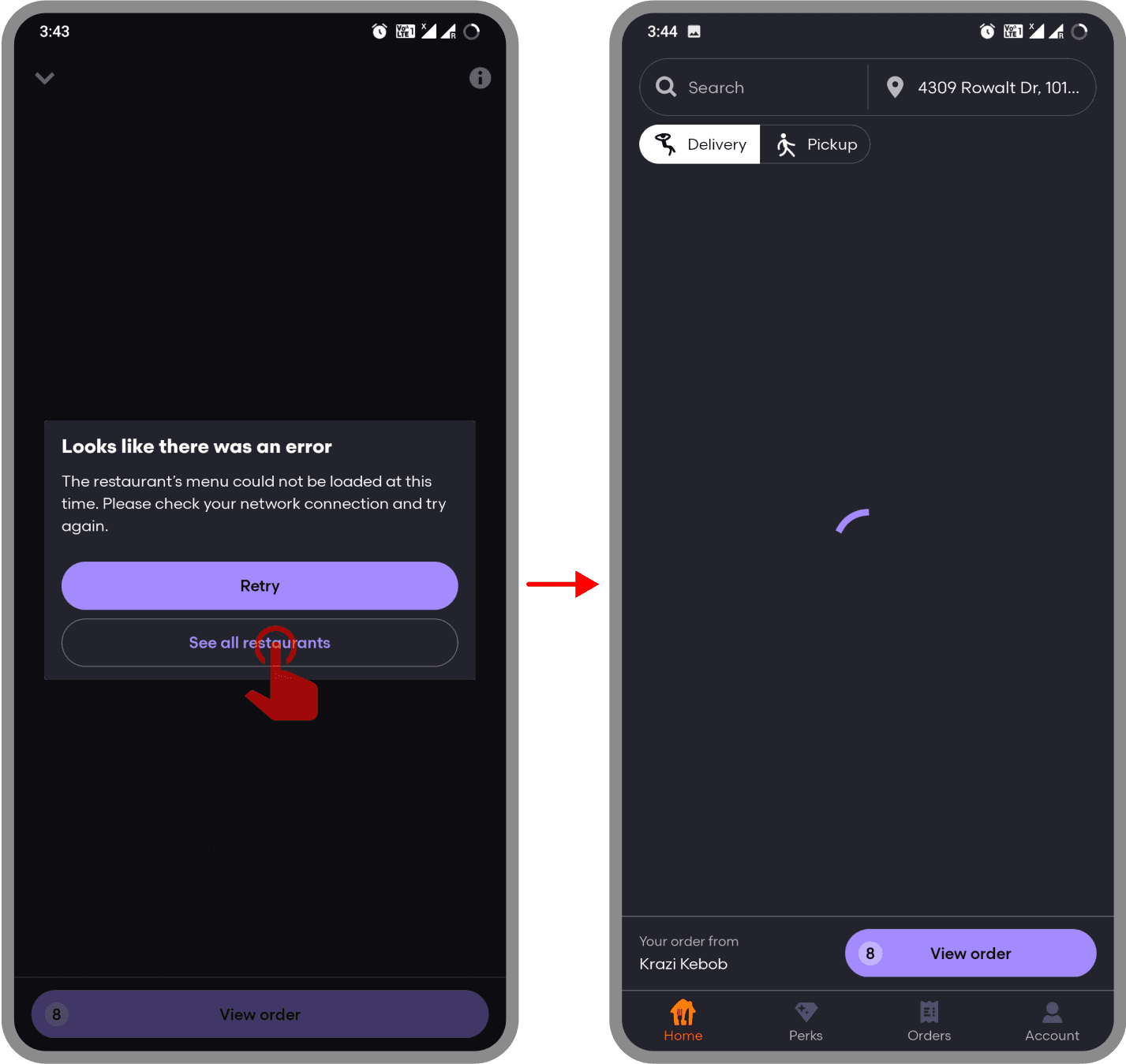 App screens depicting the error screen interaction when there is no internet connection.