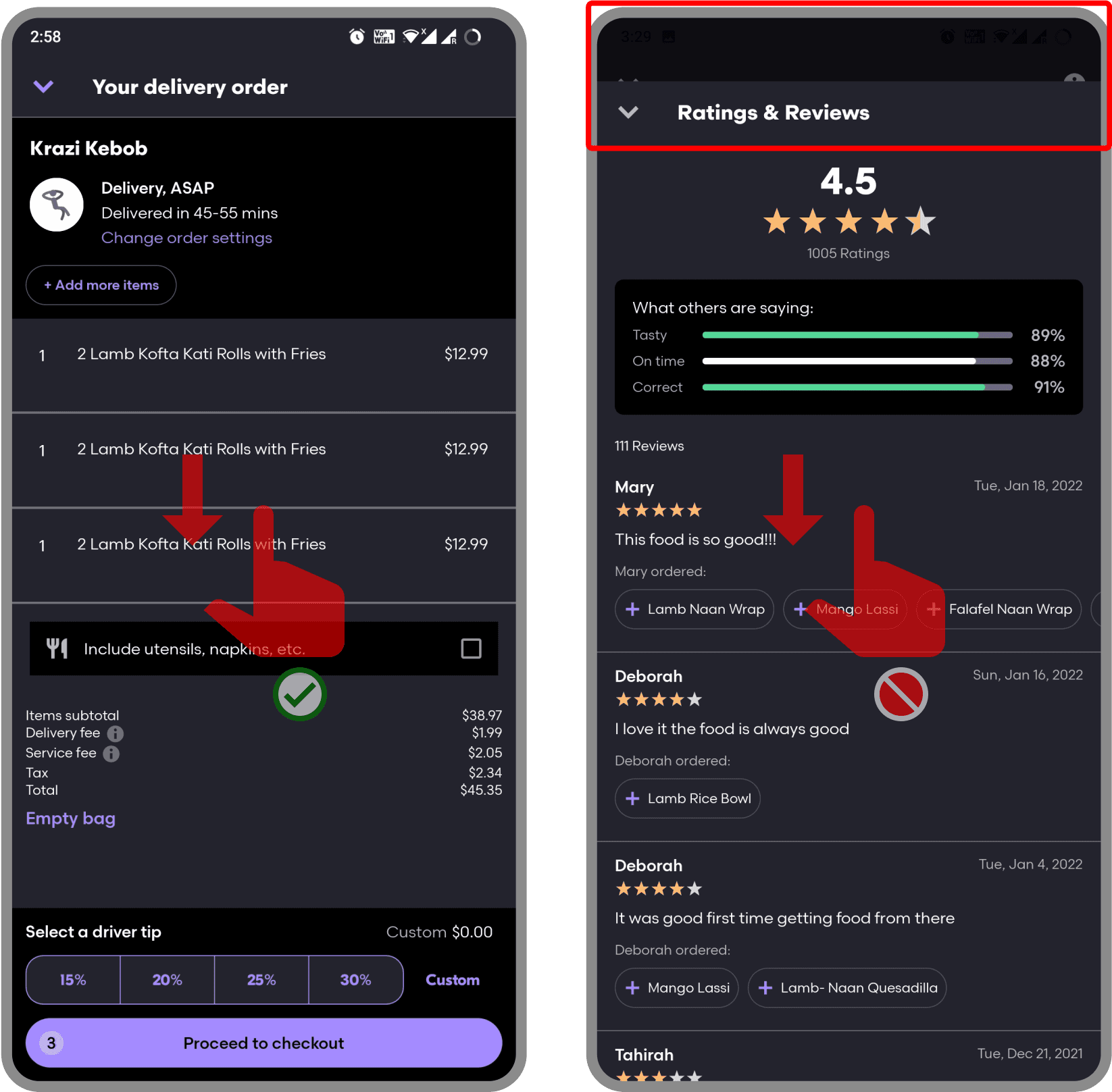 App screens depicting different behaviors of swipe down gesture on 2 screens.